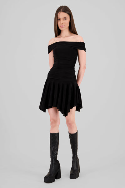 Asymmetric Off Shoulder Mini Dress BLACK