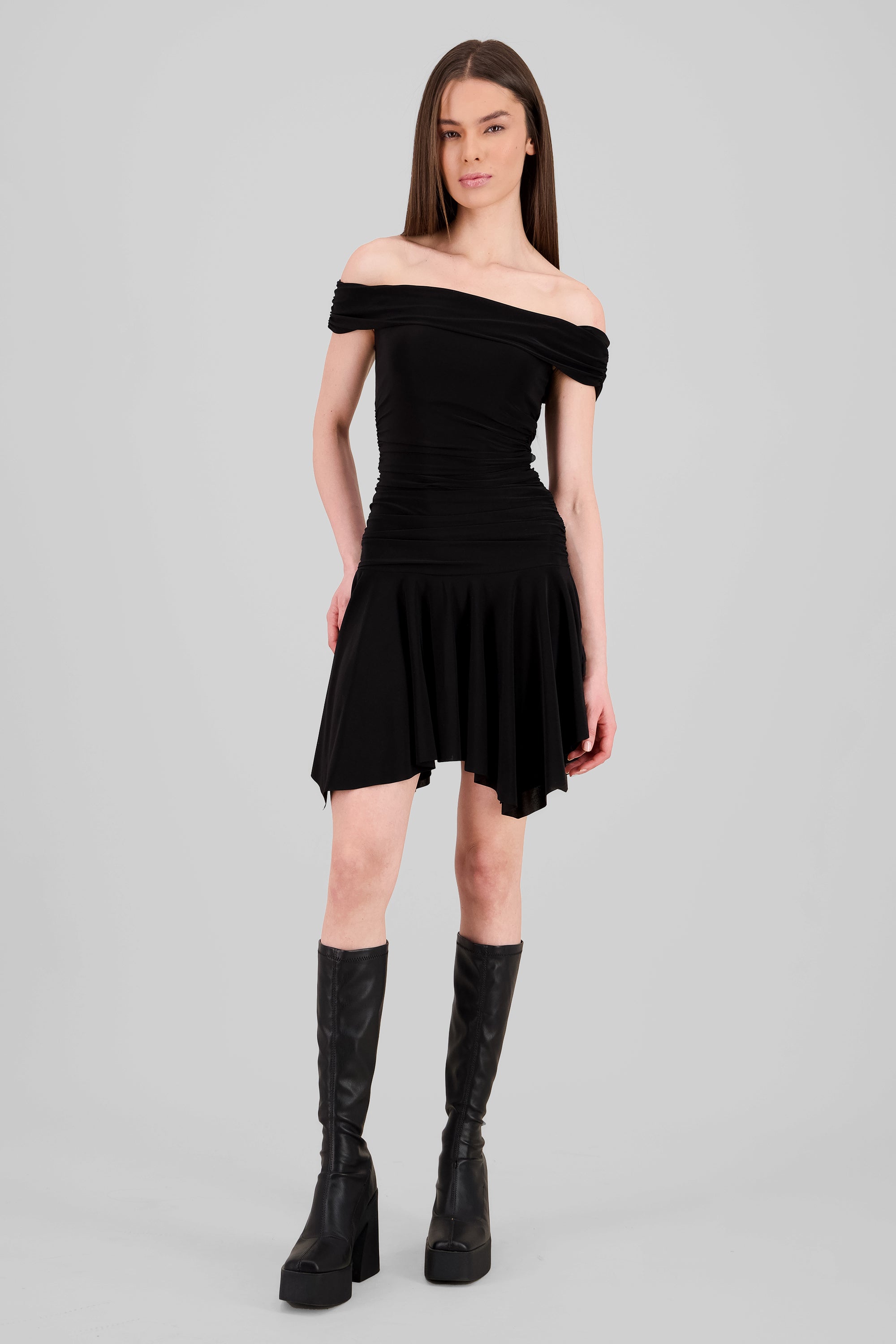 Asymmetric Off Shoulder Mini Dress BLACK