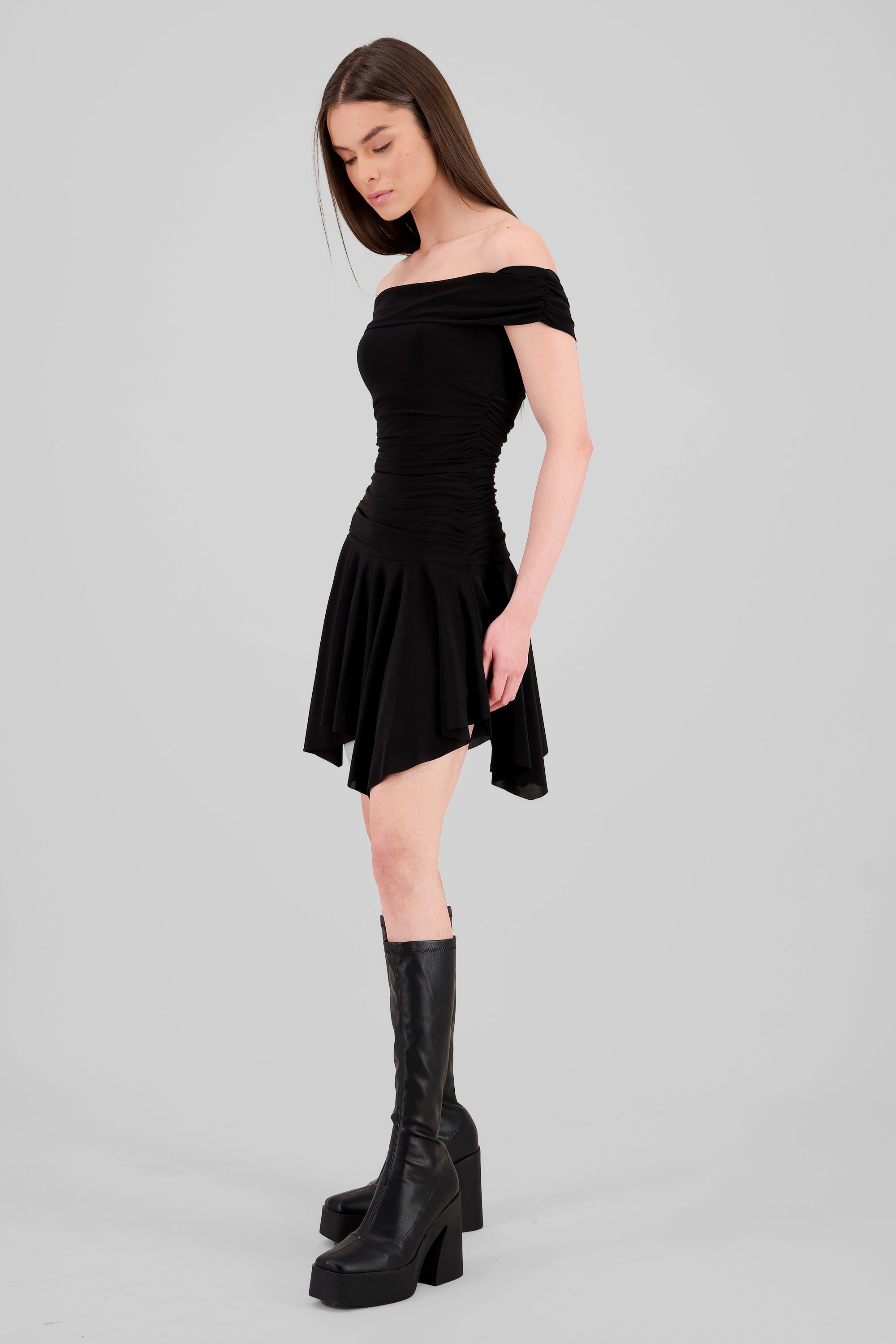 Asymmetric Off Shoulder Mini Dress BLACK