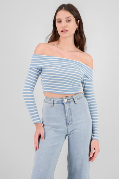 Off Shoulder Striped Textured Top BLUE COMBO