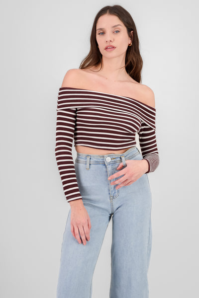 Off Shoulder Striped Textured Top BLUE COMBO