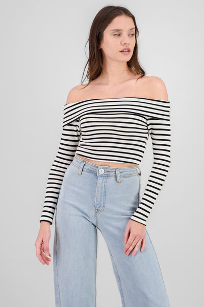 Off Shoulder Striped Textured Top BLUE COMBO