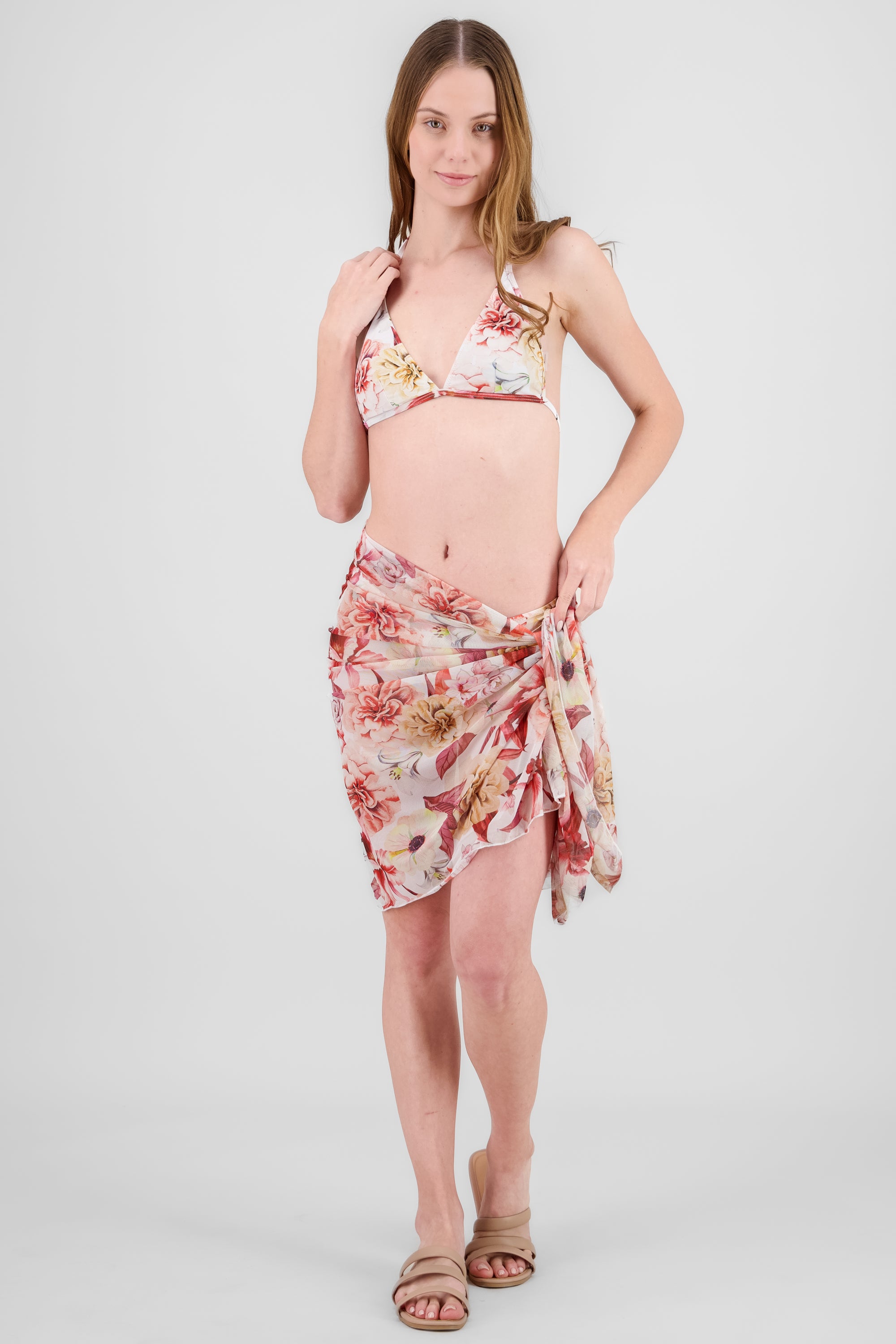 Three Piece Floral Print Bikini PINK COMBO