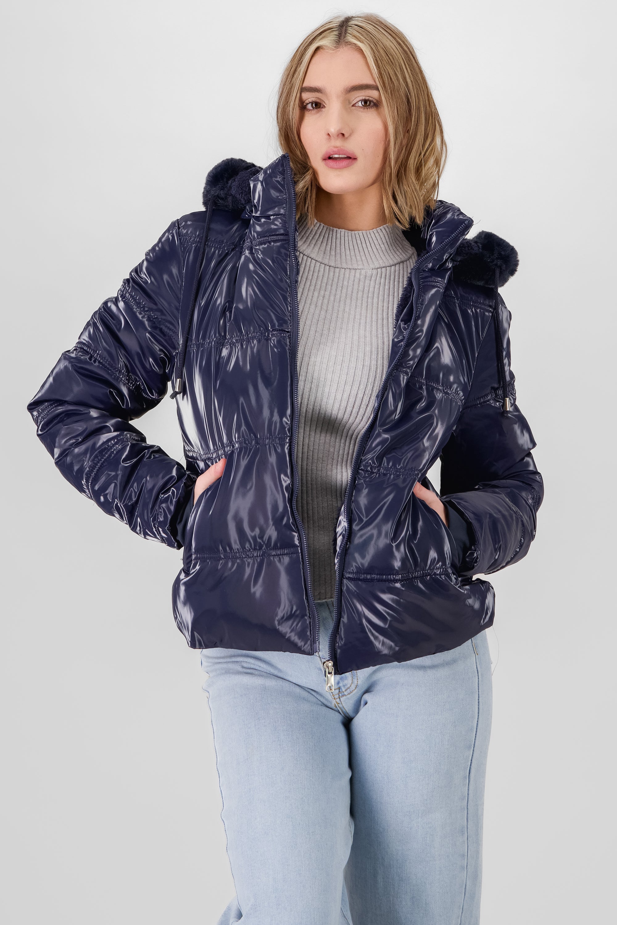 Shiny Quilted Jacket NAVY