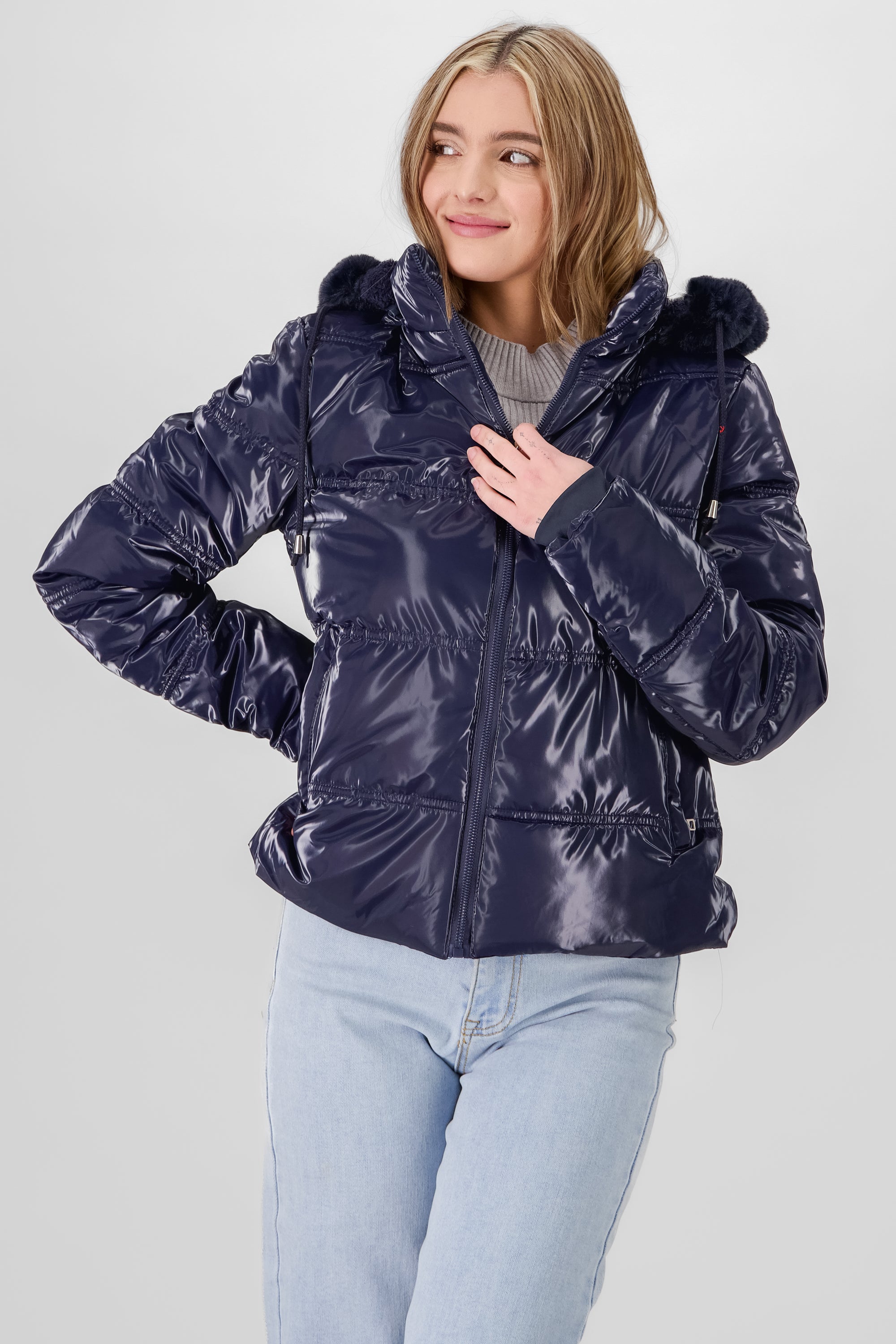 Shiny Quilted Jacket NAVY