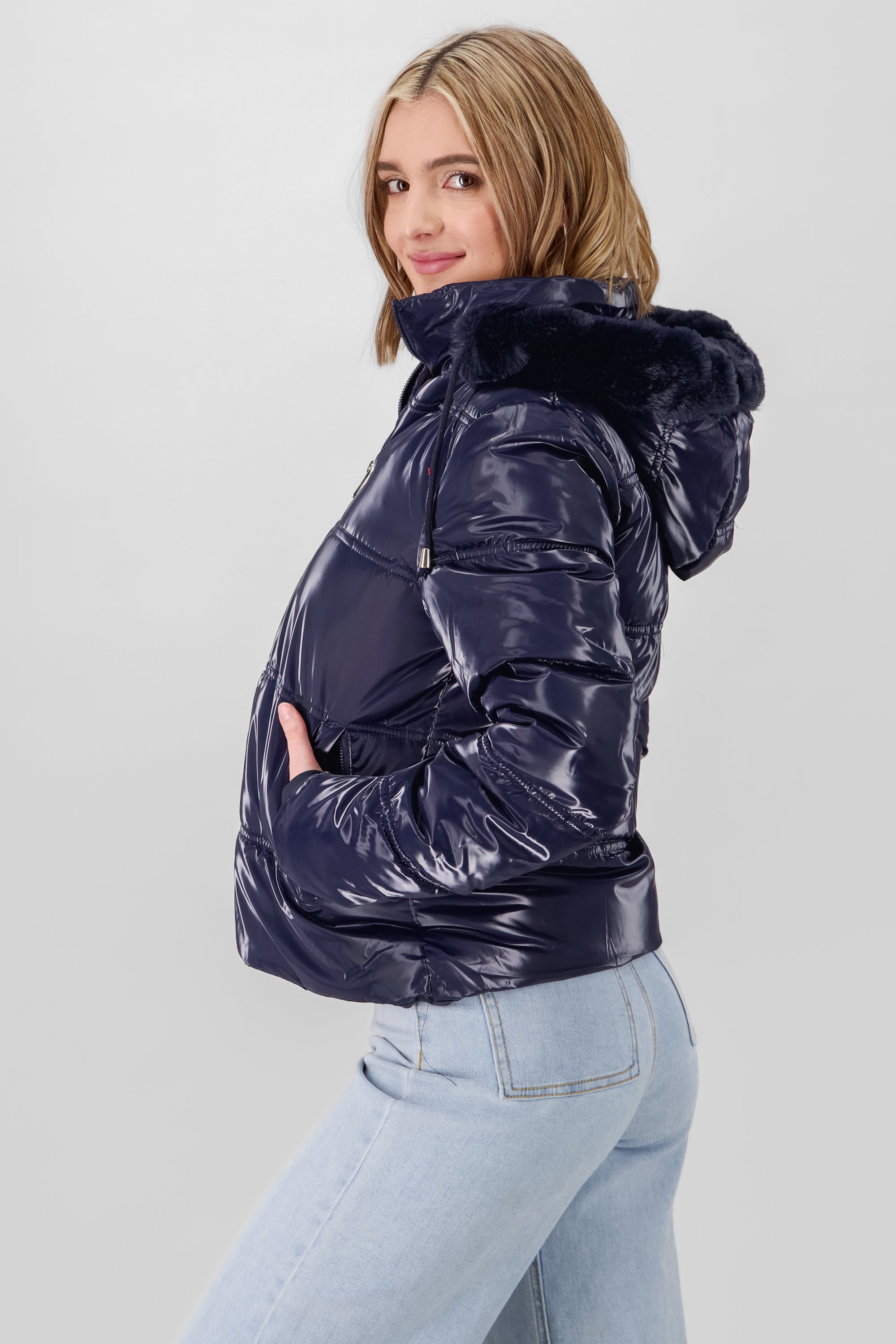 Shiny Quilted Jacket NAVY