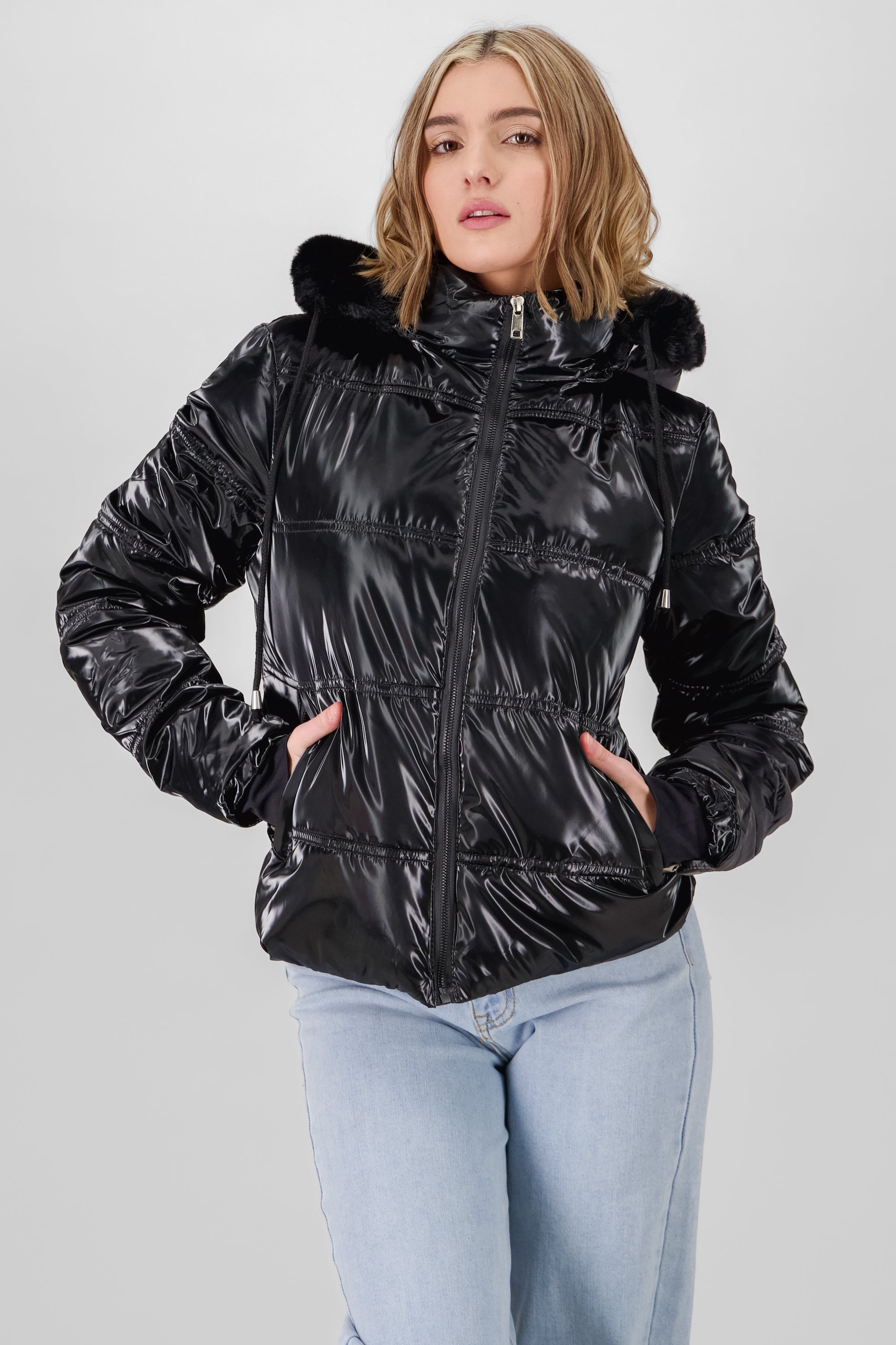 Shiny Quilted Jacket BLACK