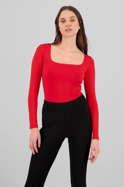 Square Neckline Solid Bodysuit RED