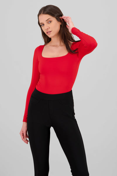 Square Neckline Solid Bodysuit RED