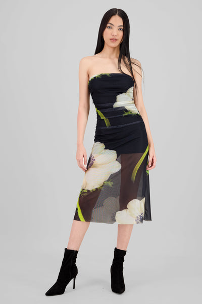 Floral Mesh Midi Dress BLACK COMBO