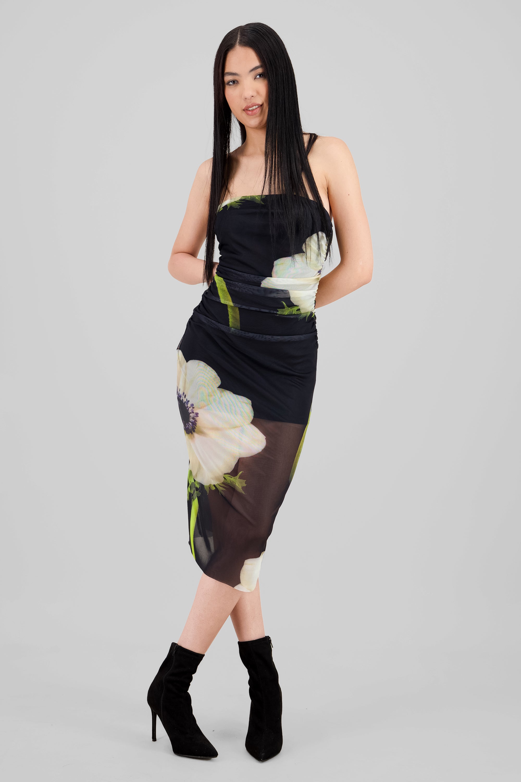 Floral Mesh Midi Dress BLACK COMBO