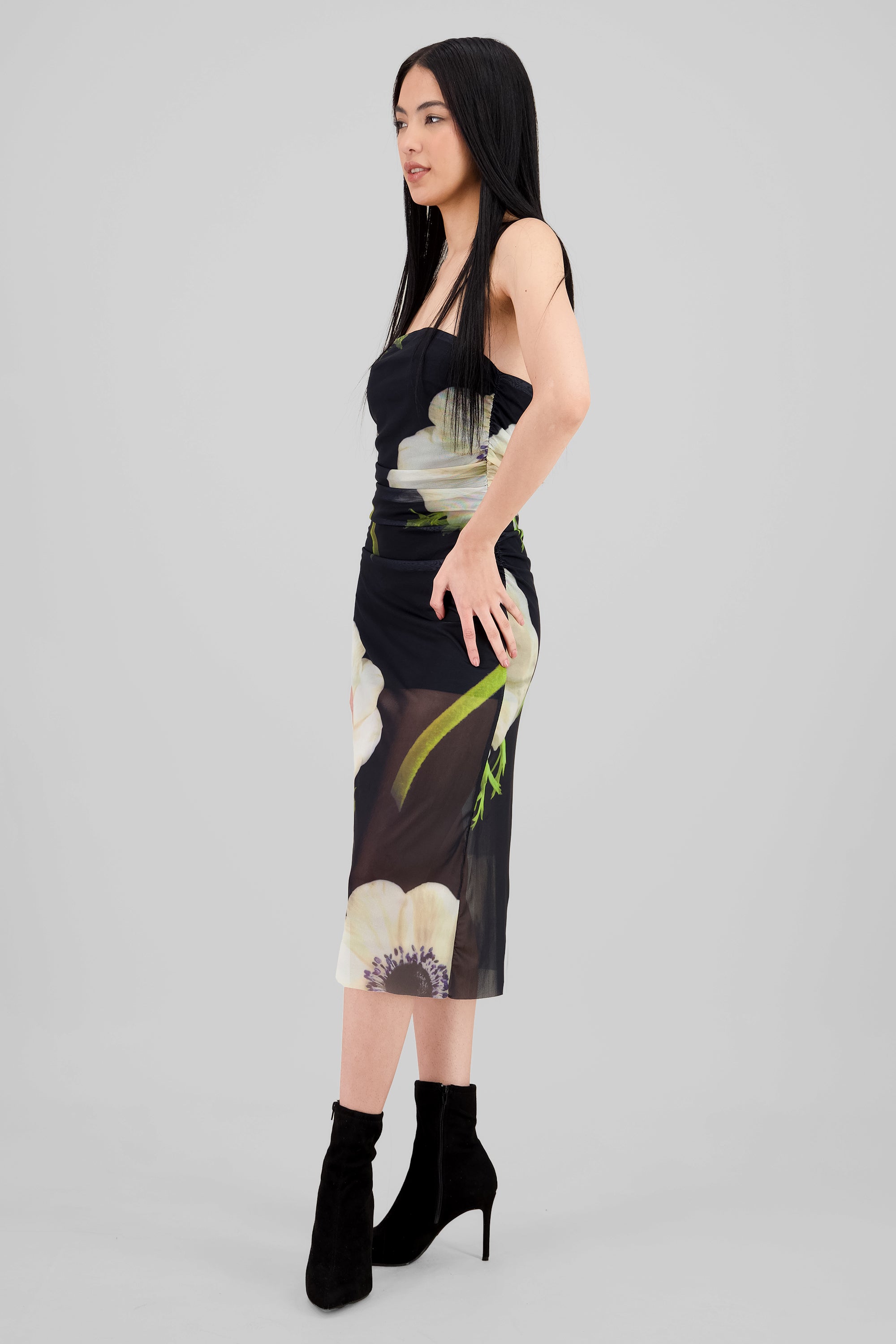 Floral Mesh Midi Dress BLACK COMBO