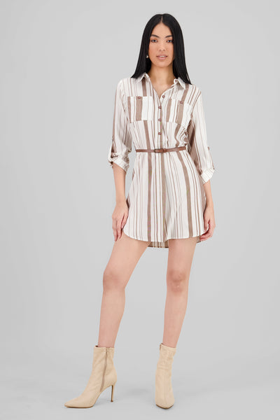 Pockets and Belt Shirt Dress WHITE COMBO