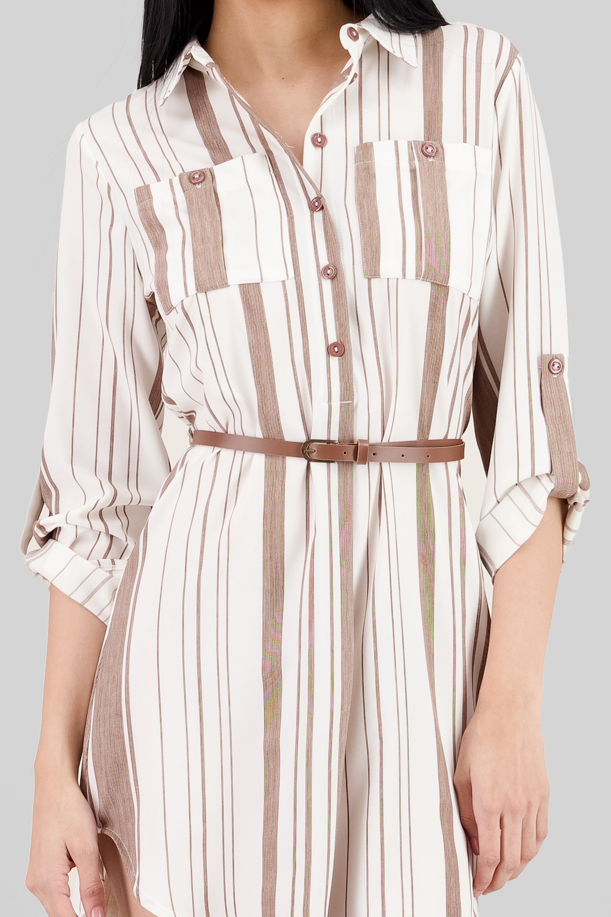 Pockets and Belt Shirt Dress WHITE COMBO