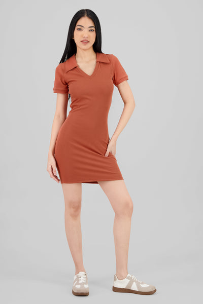 Ribbed Polo Mini Dress BRICK RED