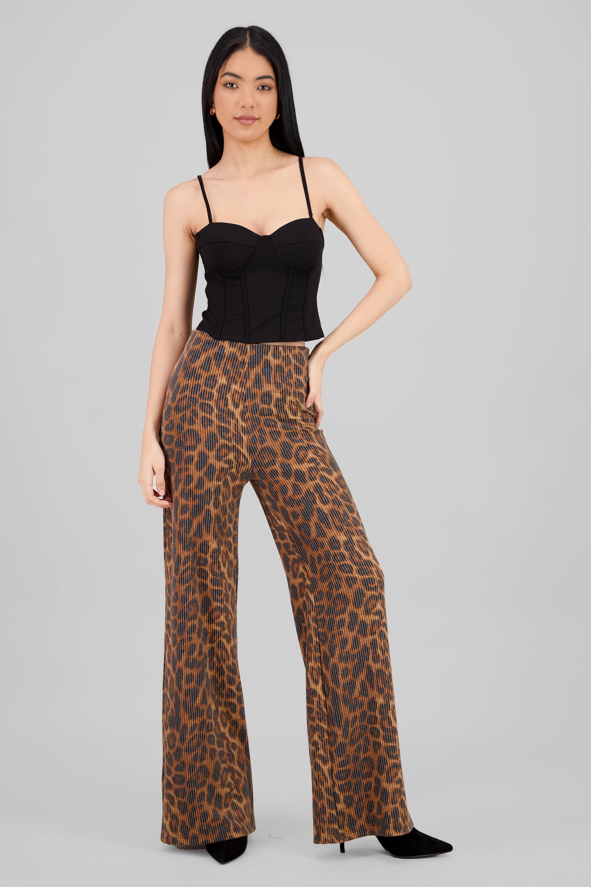 Textured Animal Print Wide Leg Pants BROWN COMBO