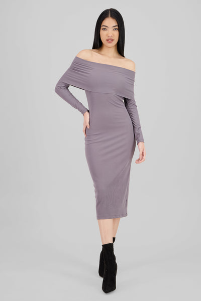 Ribbed Off Shoulder Midi Dress DARK GRAY