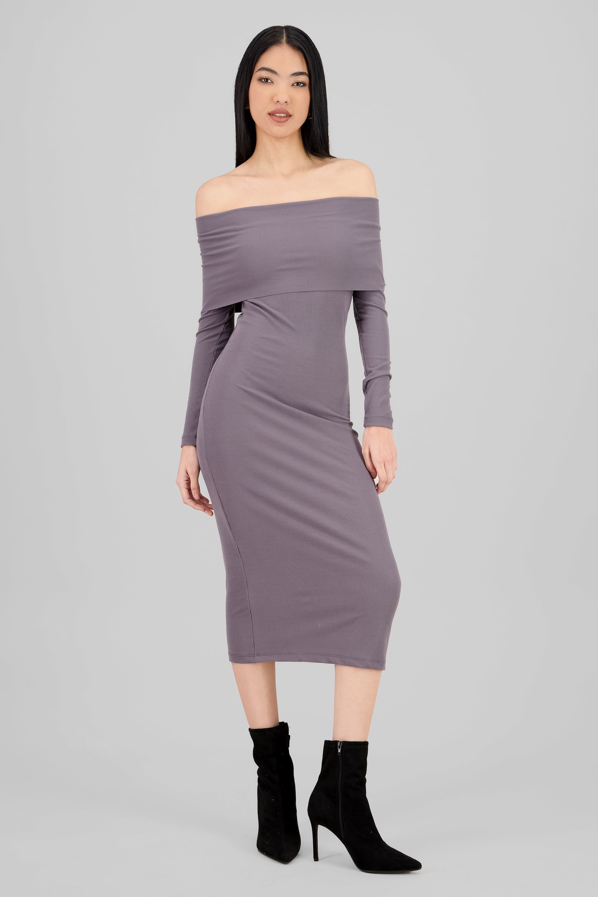 Ribbed Off Shoulder Midi Dress DARK GRAY