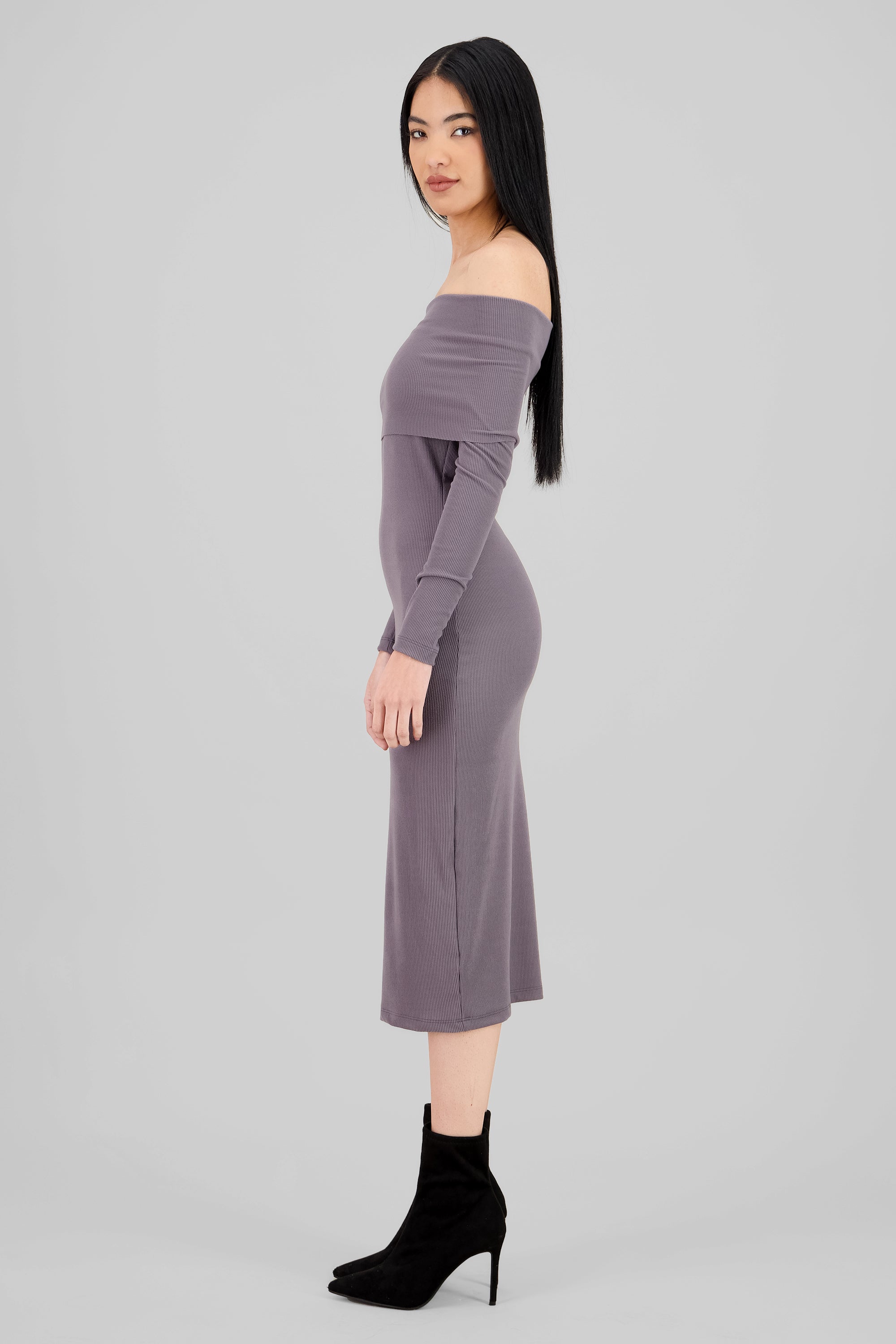 Ribbed Off Shoulder Midi Dress DARK GRAY