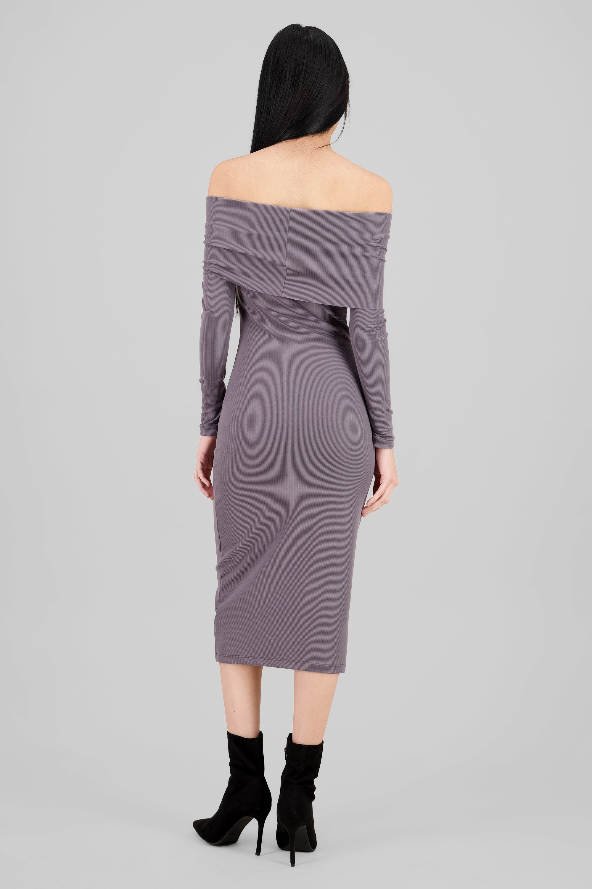 Ribbed Off Shoulder Midi Dress DARK GRAY