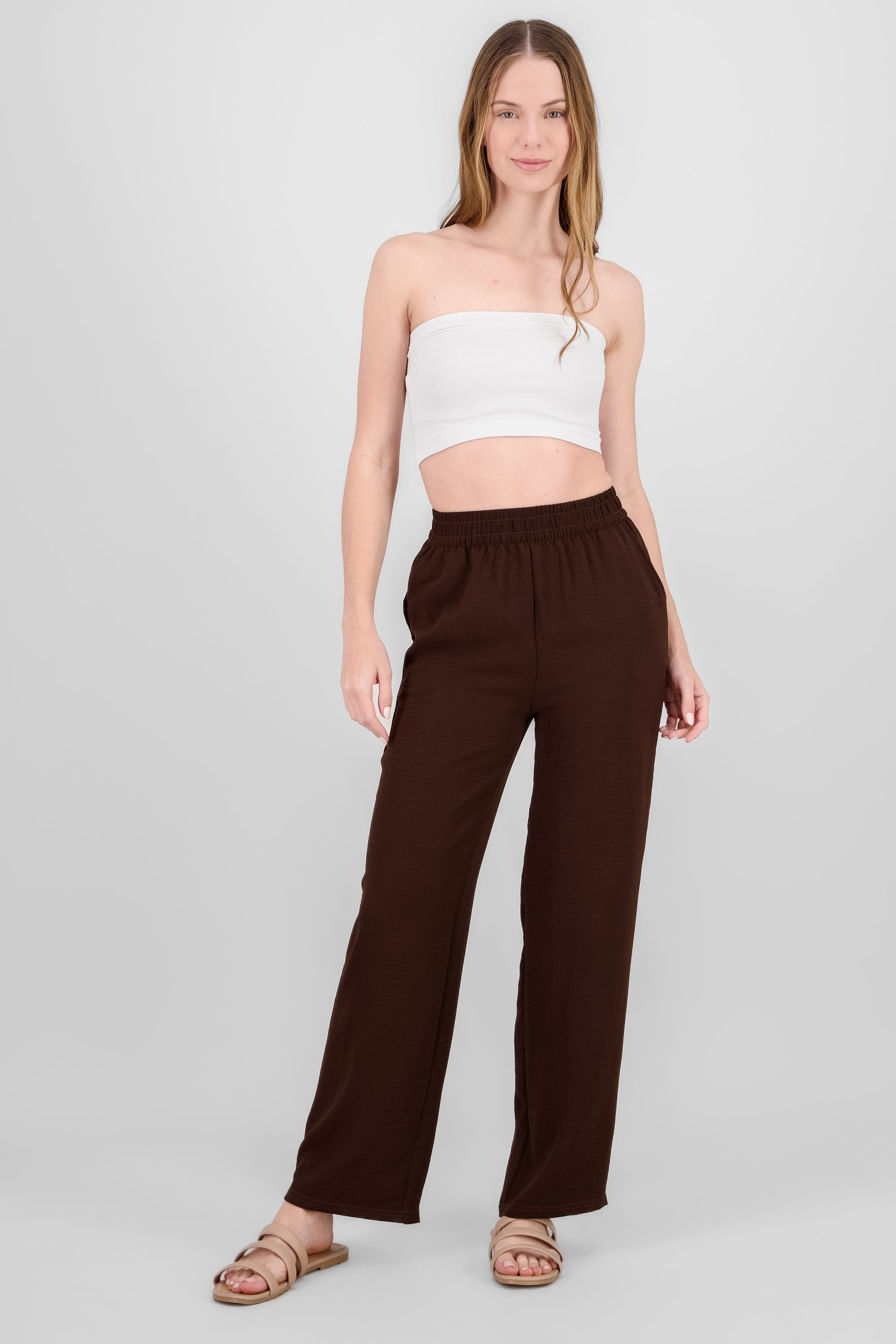 Straight Pants with Elastic Waistband BROWN