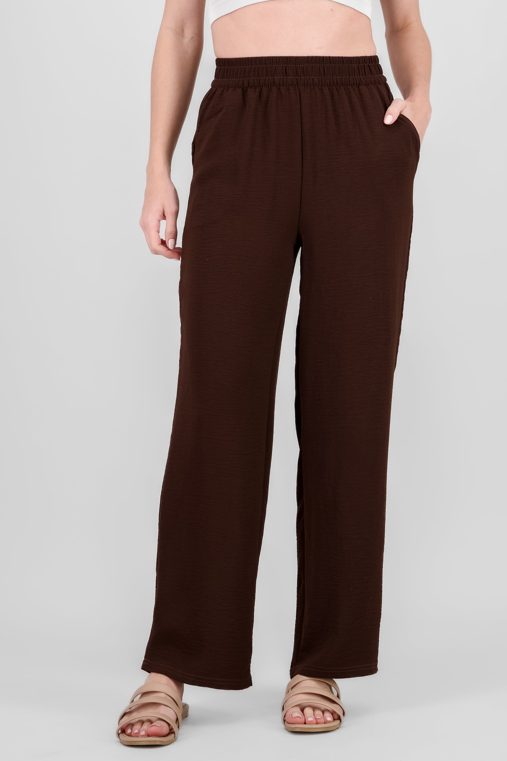 Straight Pants with Elastic Waistband BROWN