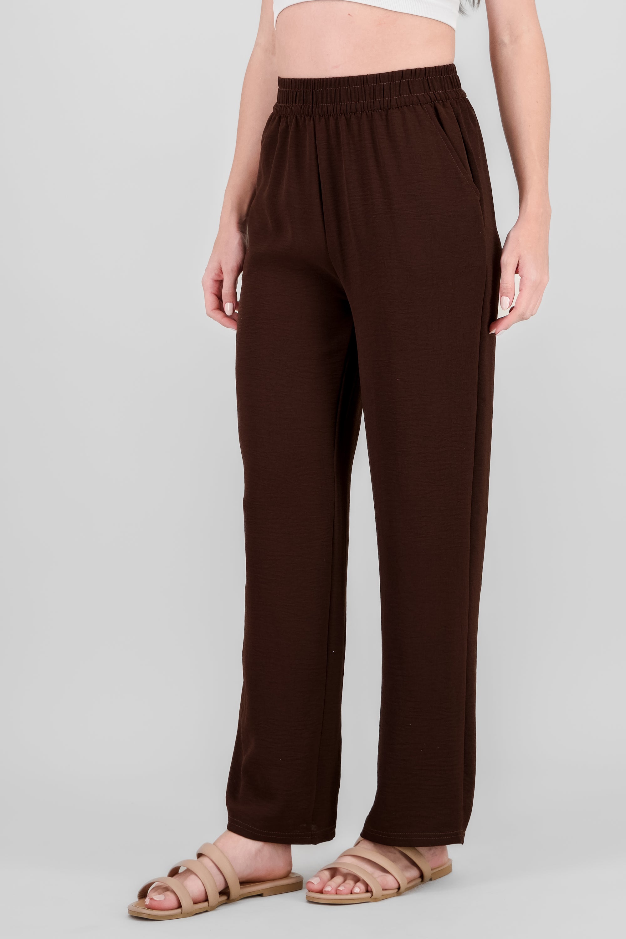 Straight Pants with Elastic Waistband BROWN