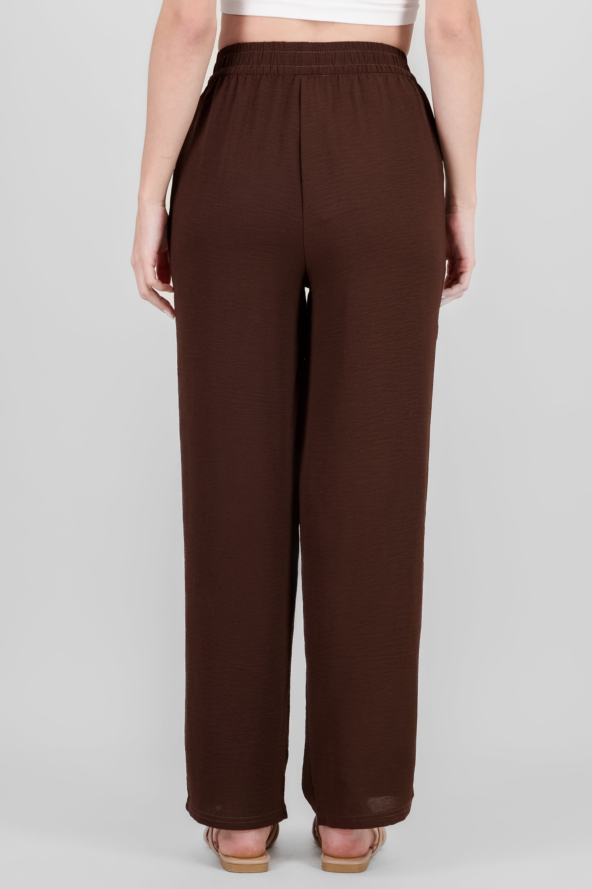 Straight Pants with Elastic Waistband BROWN