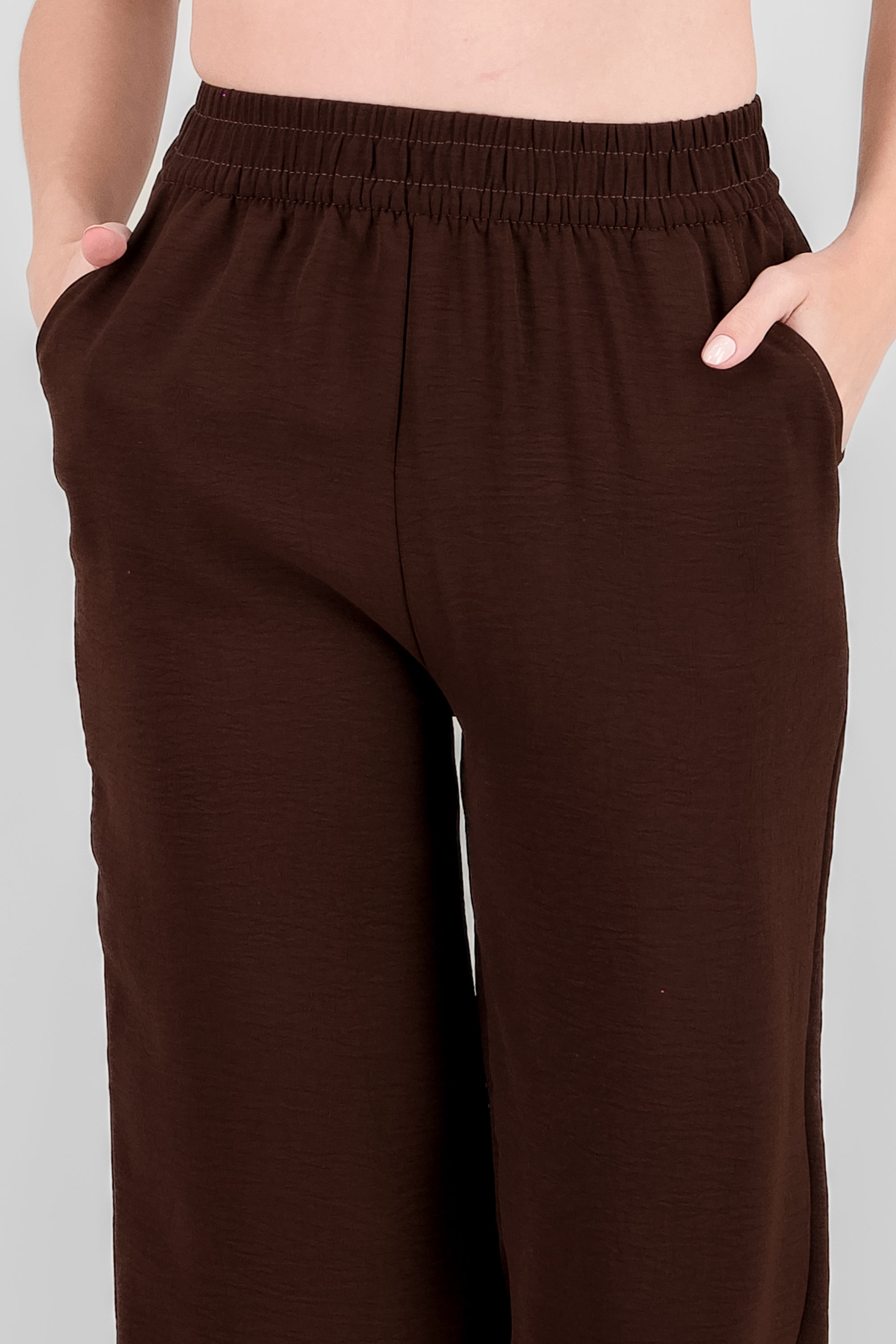 Straight Pants with Elastic Waistband BROWN