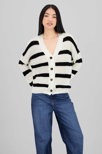 Striped Button Knit Cardigan WHITE COMBO