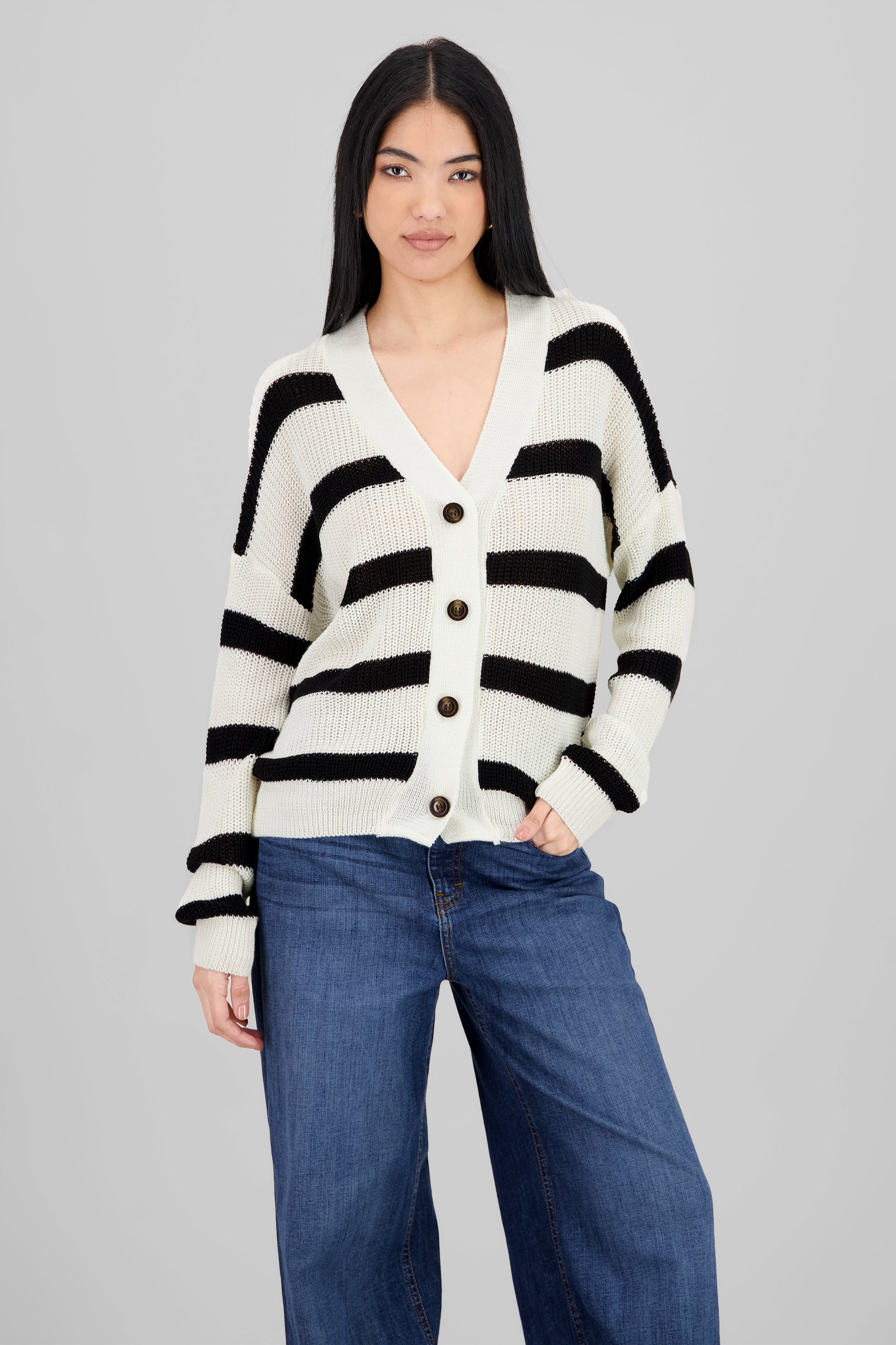 Striped Button Knit Cardigan WHITE COMBO