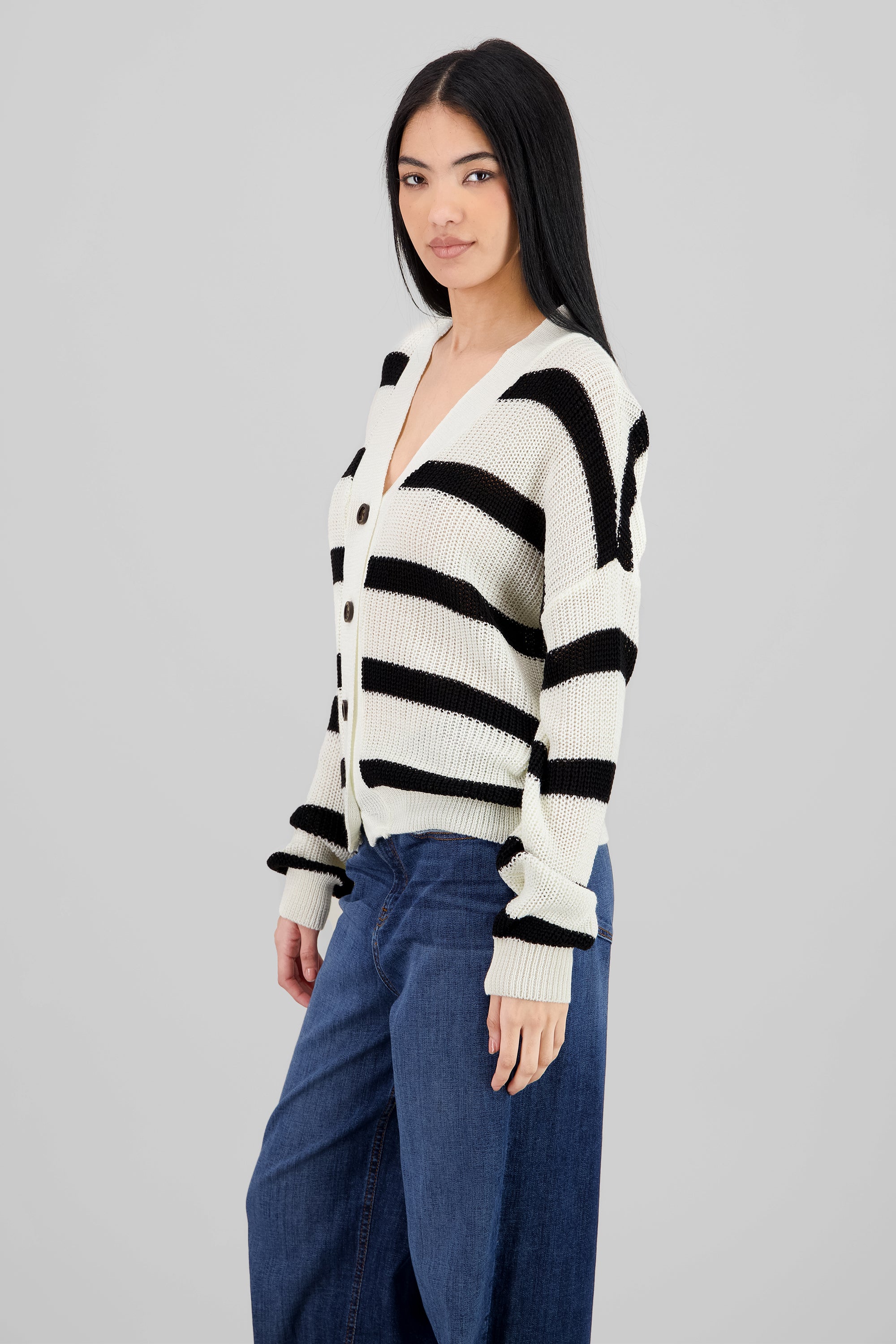 Striped Button Knit Cardigan WHITE COMBO