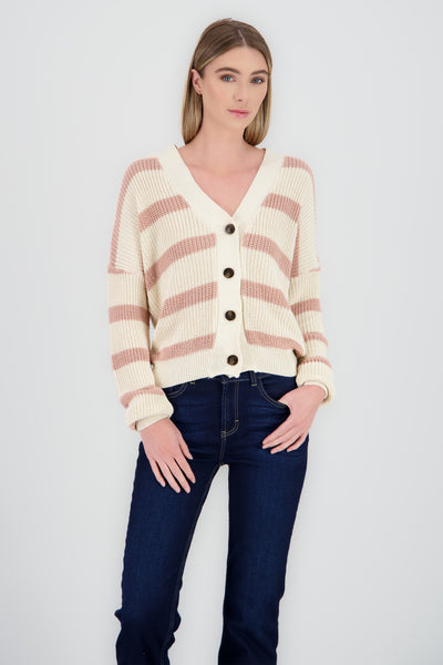 Striped Button Knit Cardigan ROSEWOOD