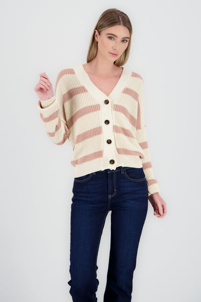 Striped Button Knit Cardigan ROSEWOOD