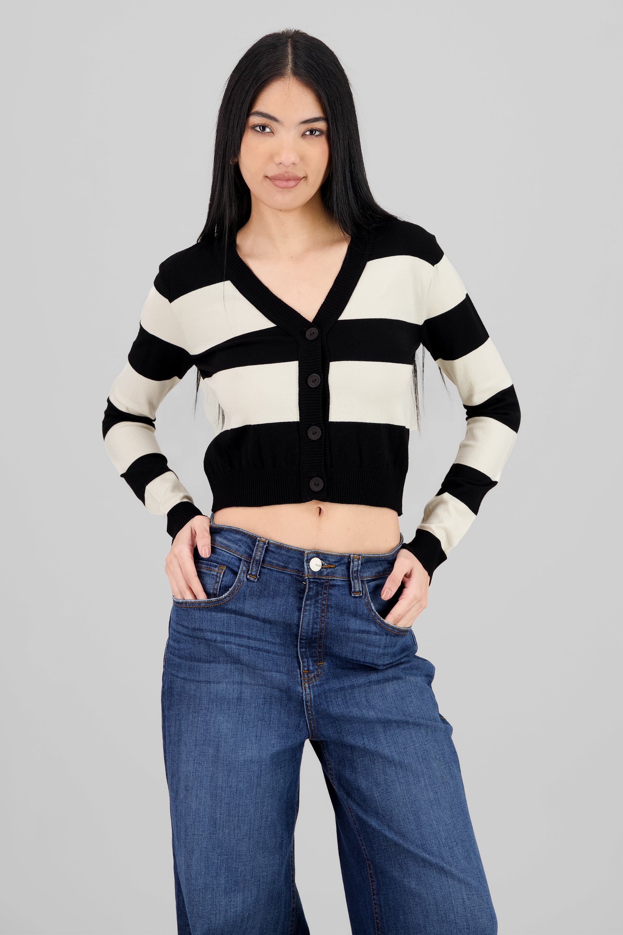 Contrasting Stripe Cardigan BLACK COMBO