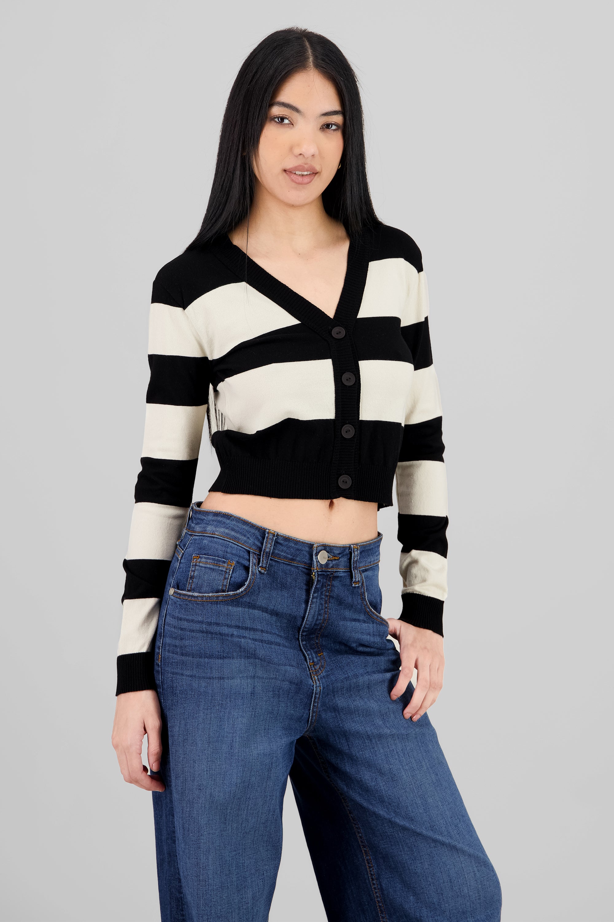 Contrasting Stripe Cardigan BLACK COMBO