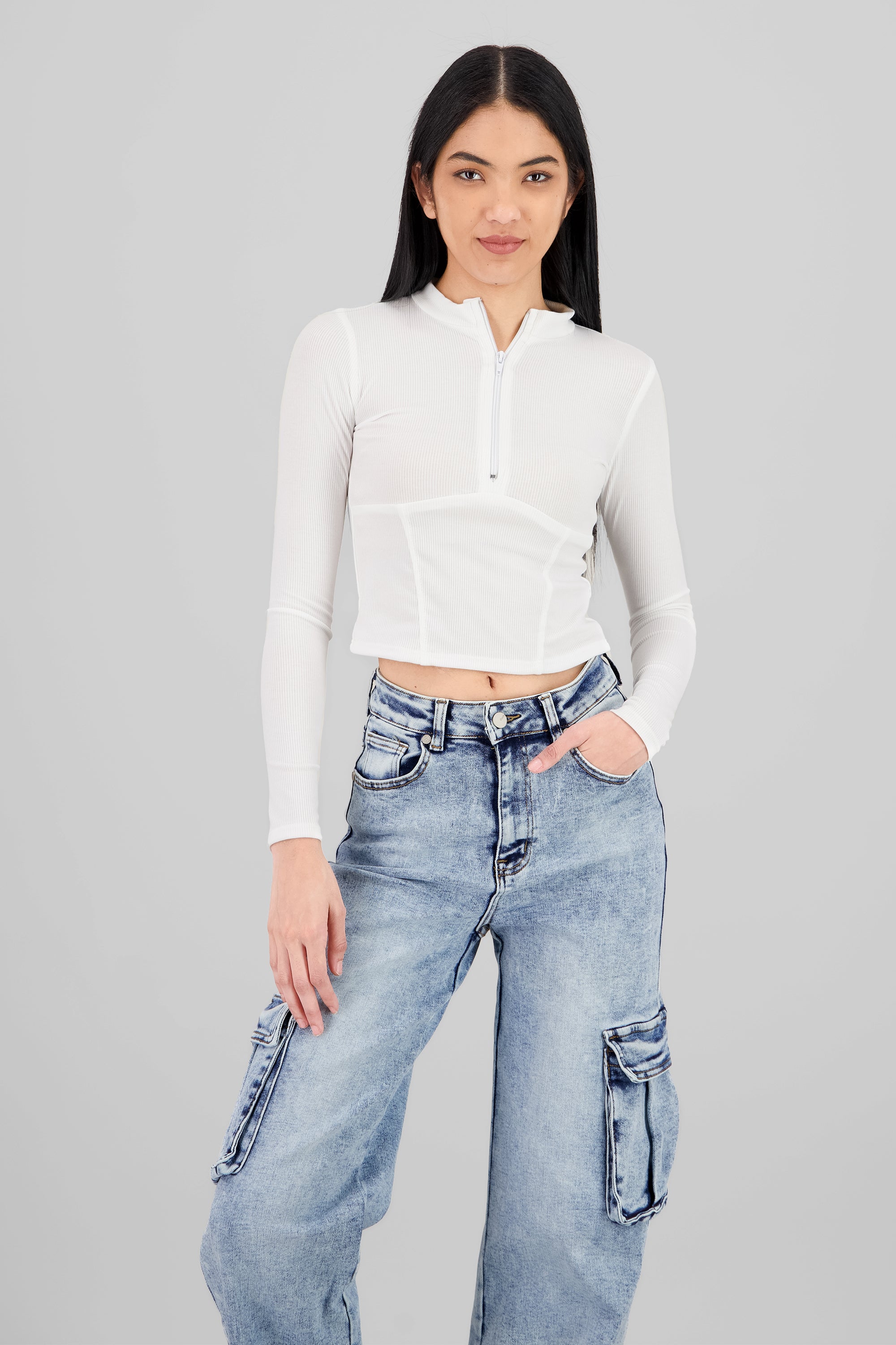 Ribbed Long Sleeve Top WHITE