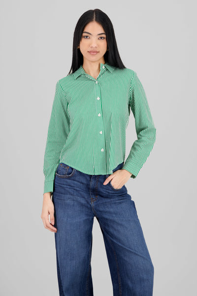 Long Sleeve Striped Print Shirt GREEN COMBO