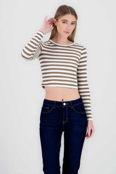 Striped Long Sleeve Top KHAKI COMBO