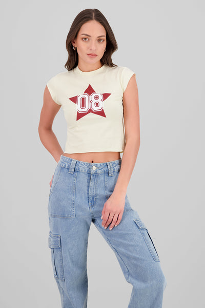 Cropped Star Number T Shirt CREAM