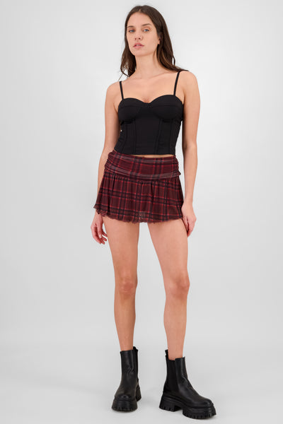 Plaid Ruffled Mesh Mini Skirt BURGUNDY COMBO