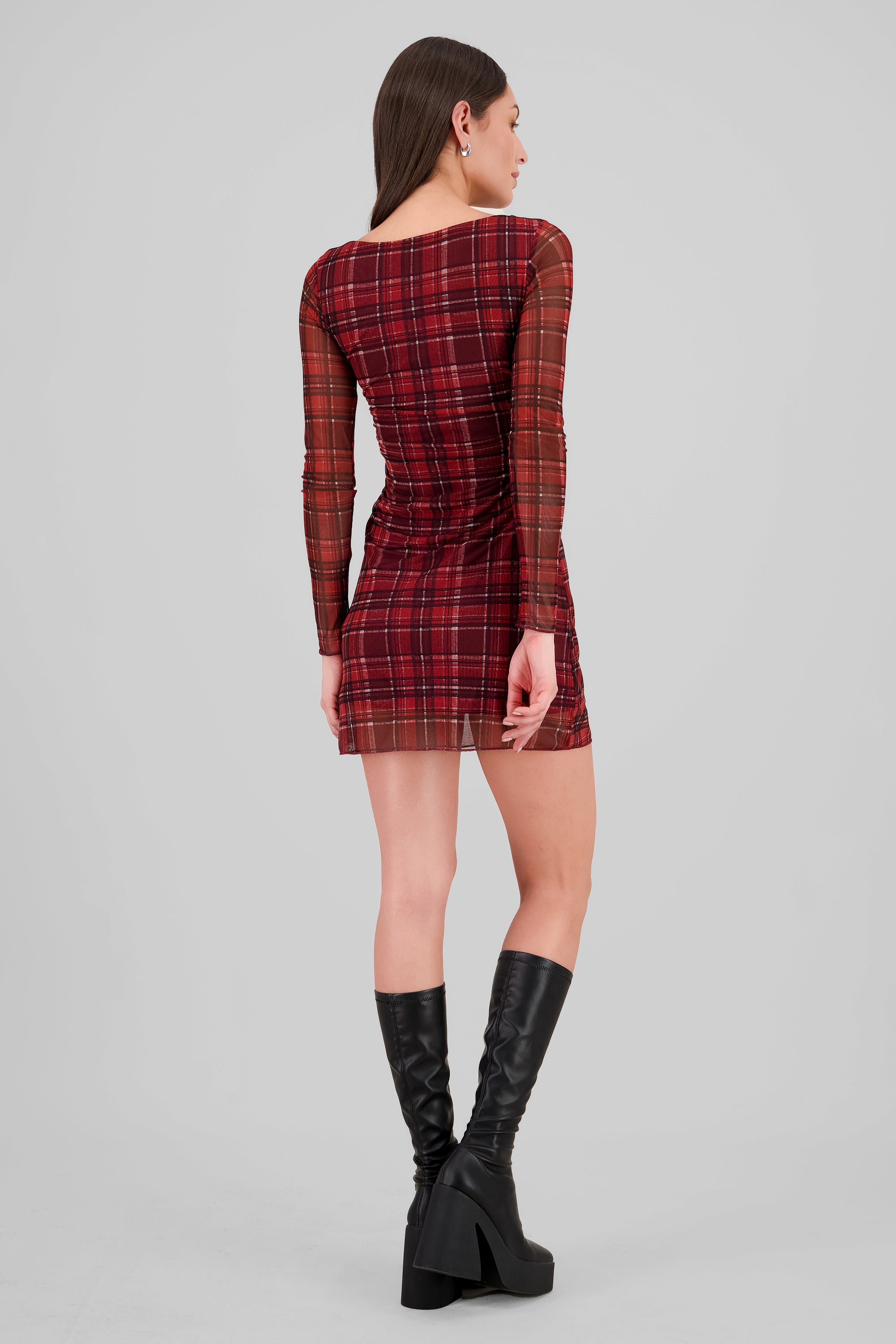 Plaid Mesh Long Sleeve Mini Dress BURGUNDY COMBO