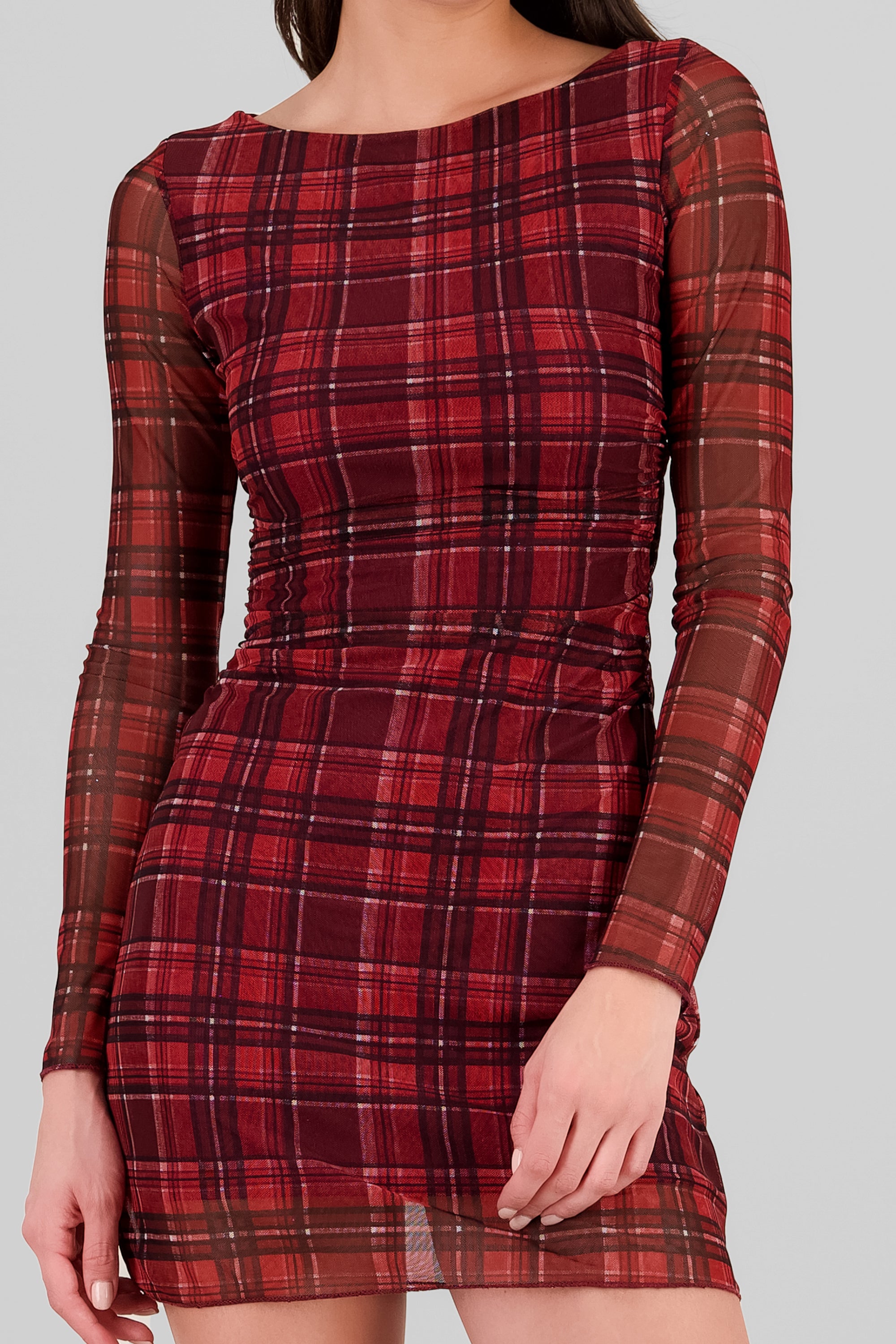 Plaid Mesh Long Sleeve Mini Dress BURGUNDY COMBO