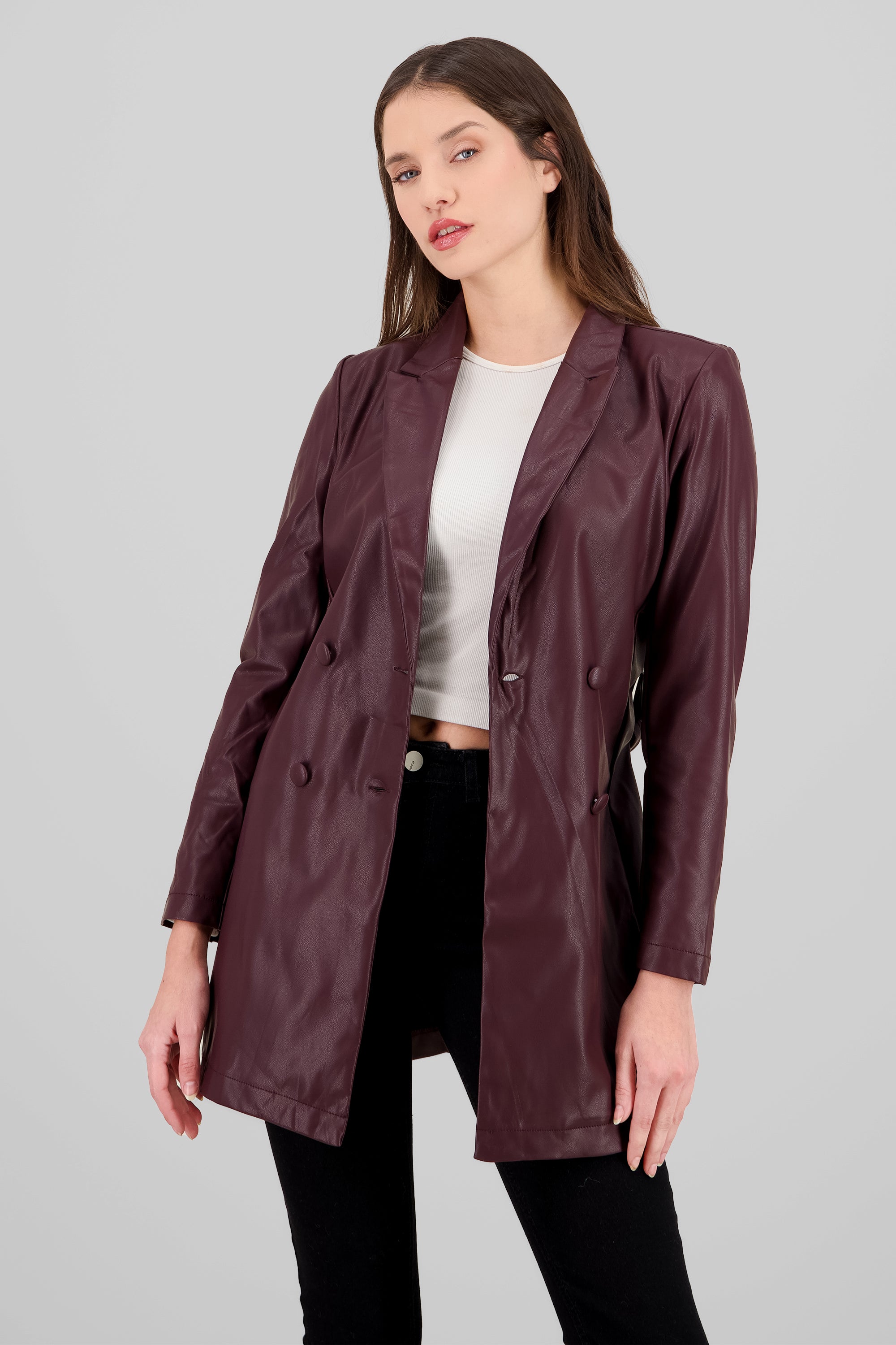 Faux Leather Coat with Belt BURGUNDY