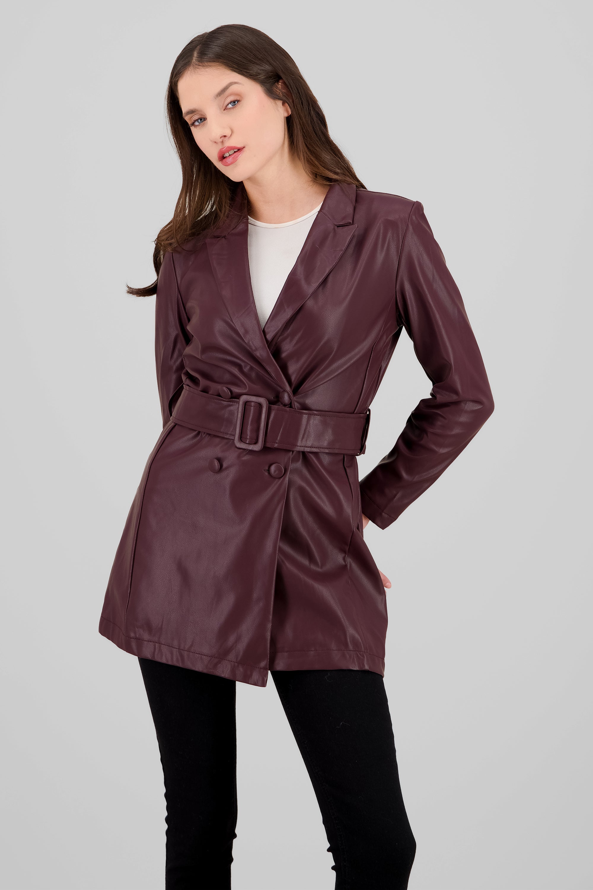 Faux Leather Coat with Belt BURGUNDY