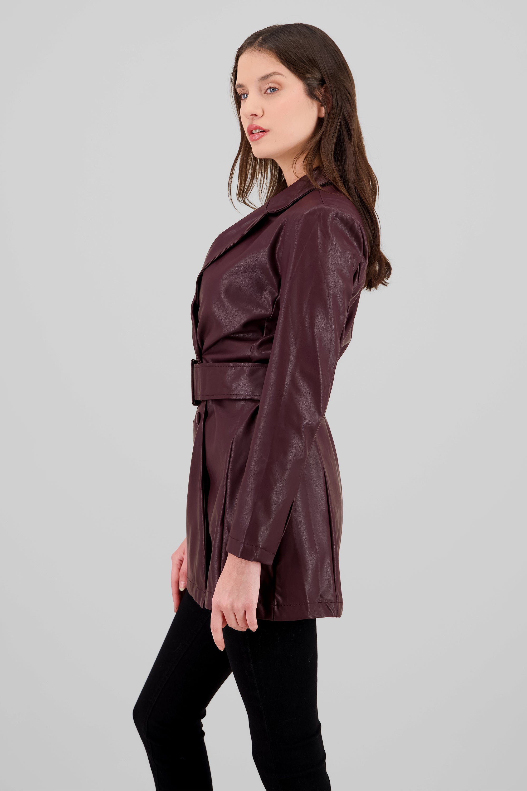 Faux Leather Coat with Belt BURGUNDY