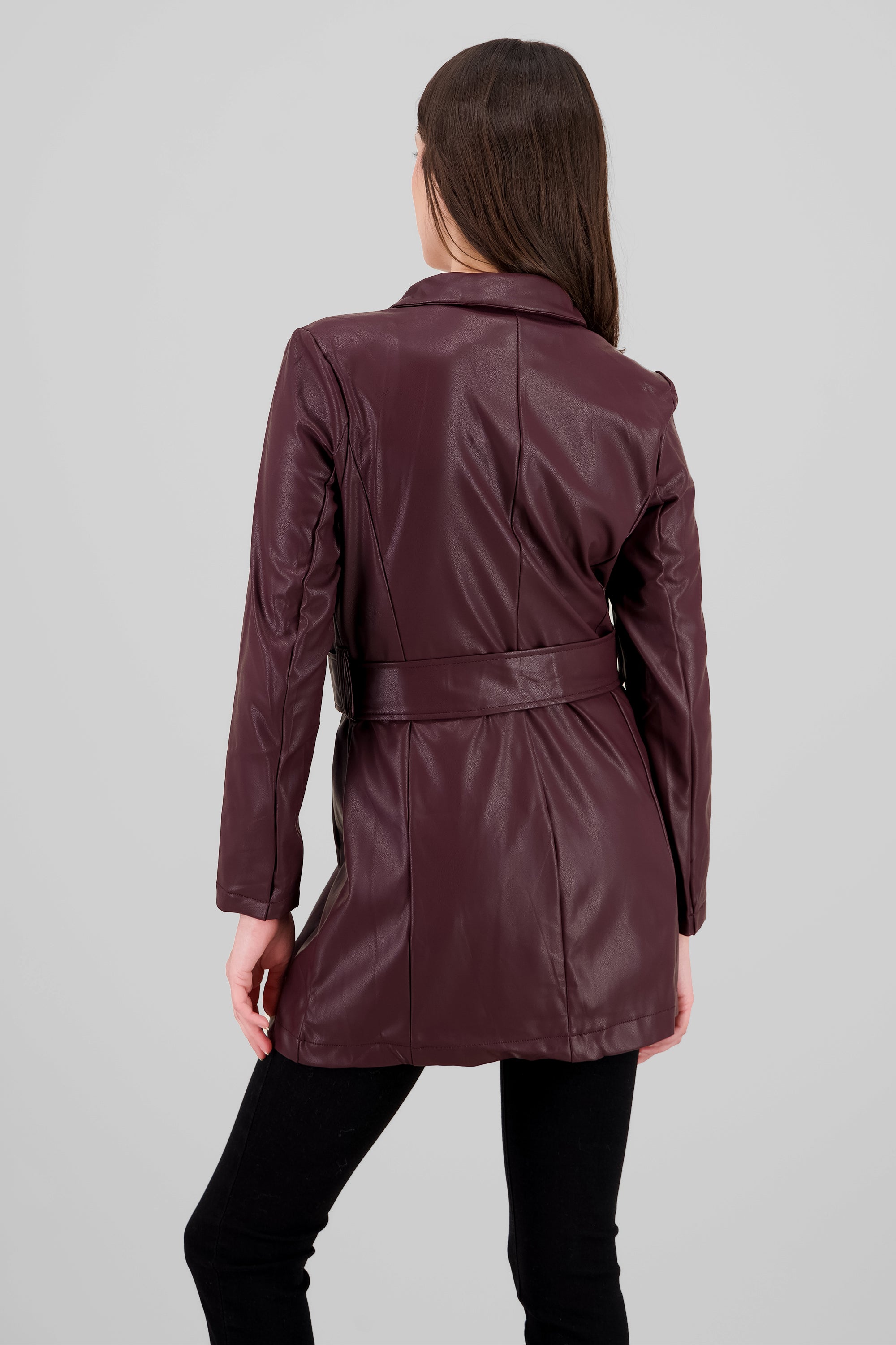 Faux Leather Coat with Belt BURGUNDY