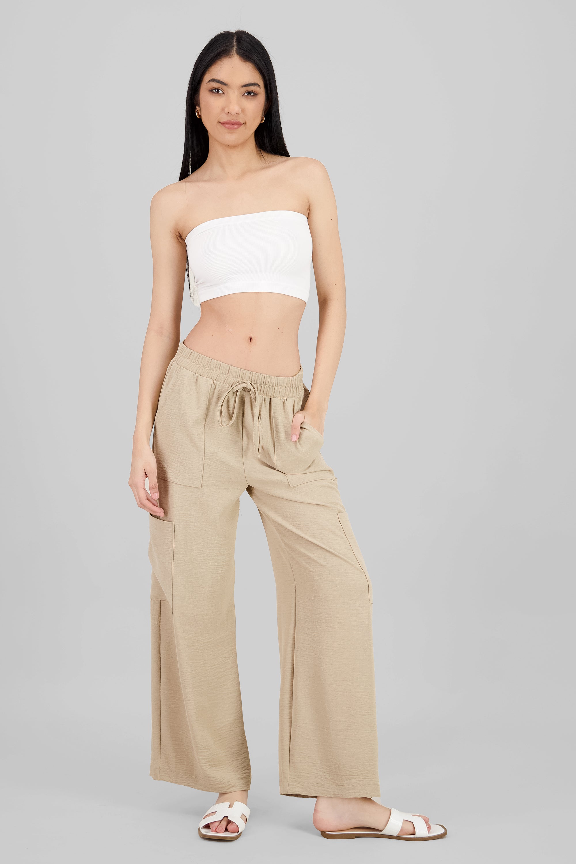 Textured Pants with Pockets BEIGE