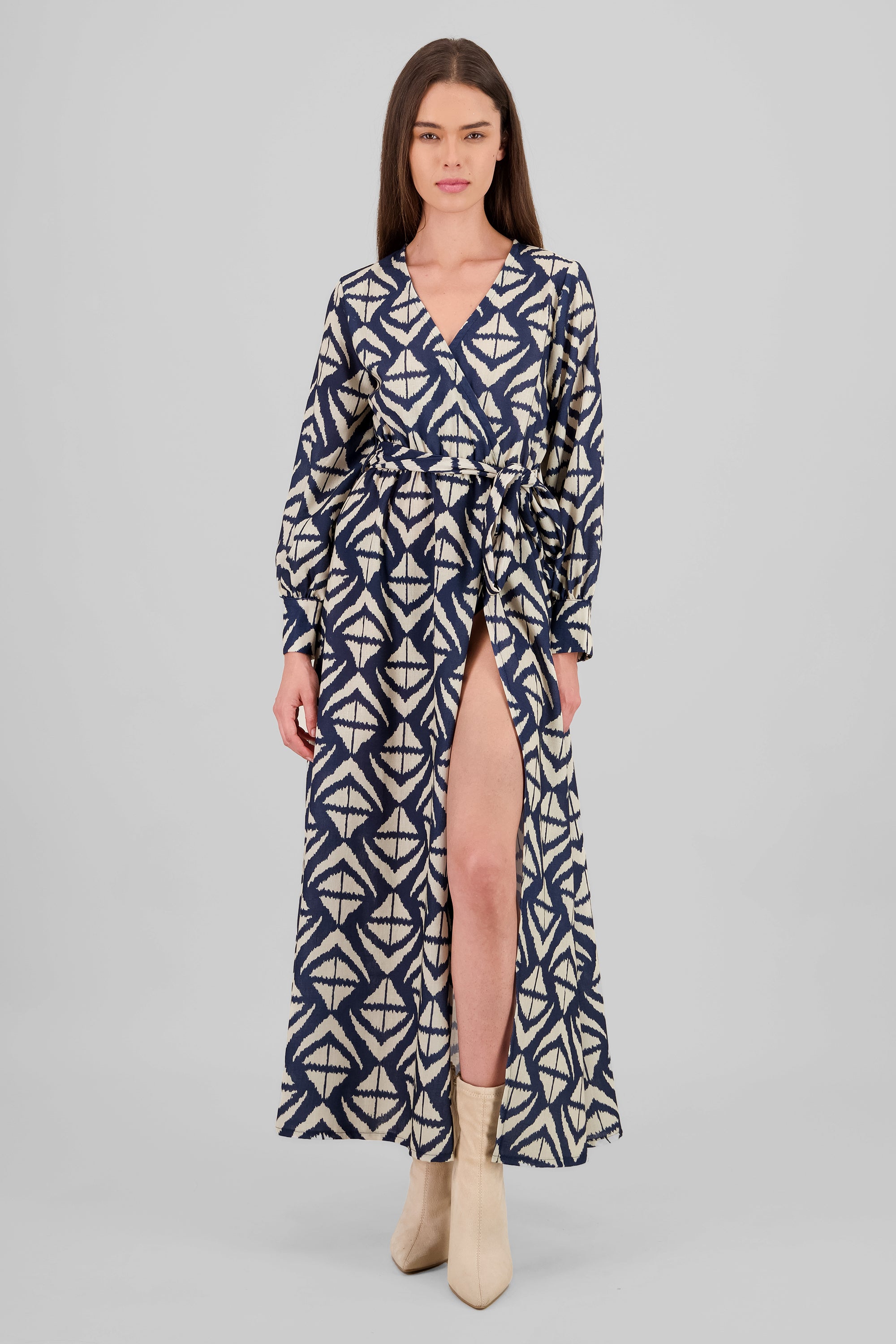 Long Sleeve Geometric Print Maxi Dress NAVY COMBO