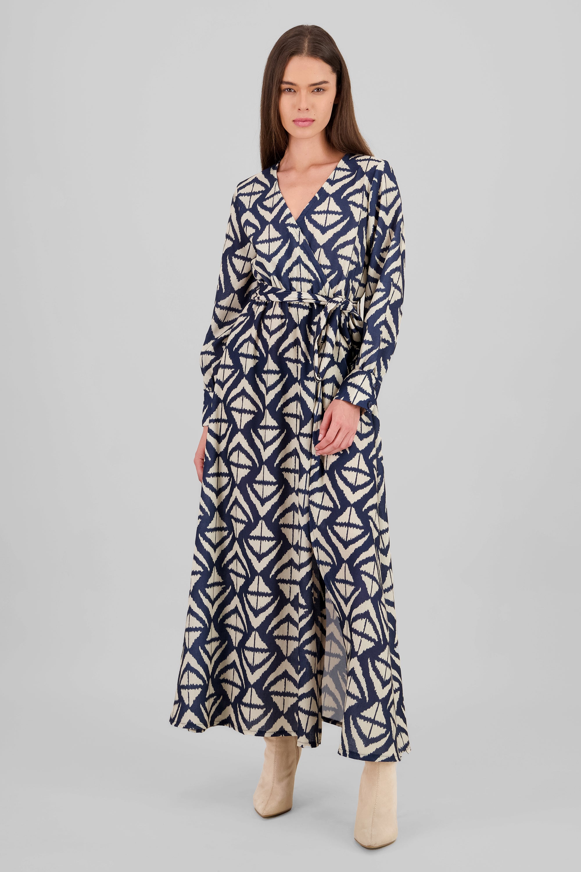 Long Sleeve Geometric Print Maxi Dress NAVY COMBO